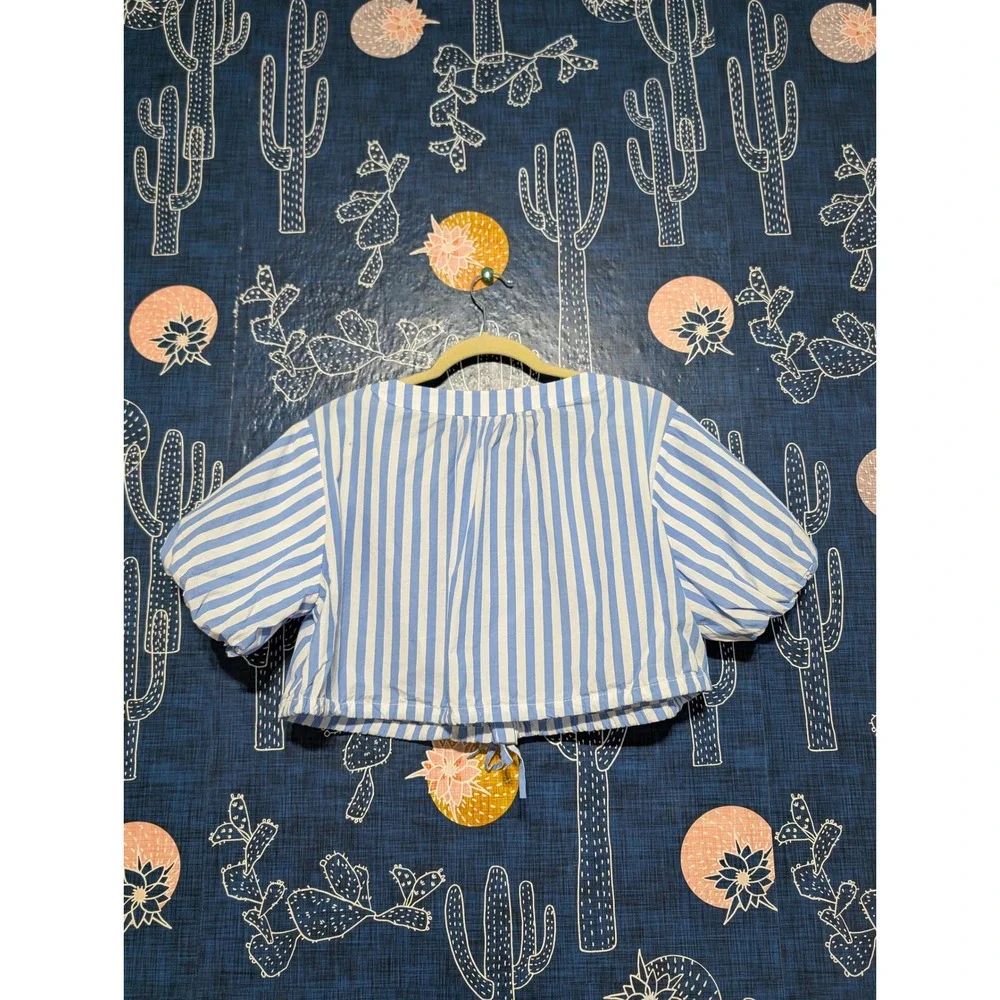 Staud Ellington Cotton Striped Puff Sleeve Cropped Top Blue Women's Size S